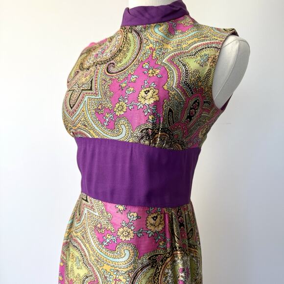 Vintage 60’s Paisley High Neck Psychedelic Maxi Dress Top Party Funky Mod - Picture 3 of 10
